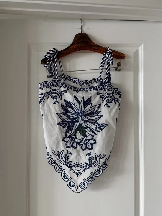 Farm Rio Off-White Garden Tiles Tassels Richelieu Blouse - Picture 2 of 7